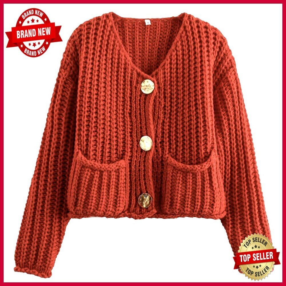 Cropped Cardigan Sweater Chunky Knit Open Front Button Down Long Sleeve
